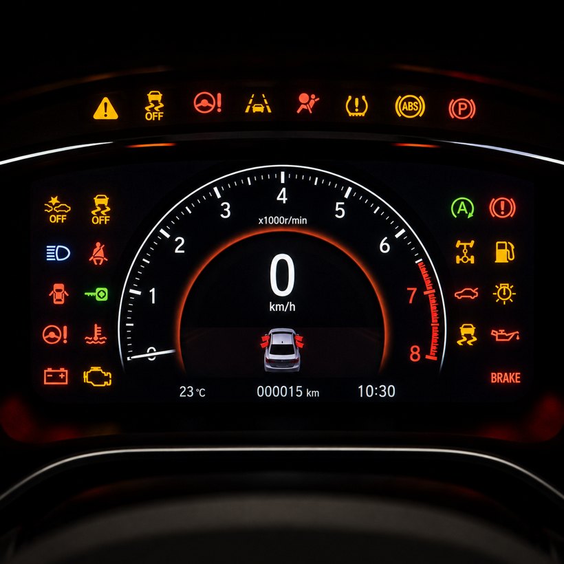 Car dashboard with warning lights on