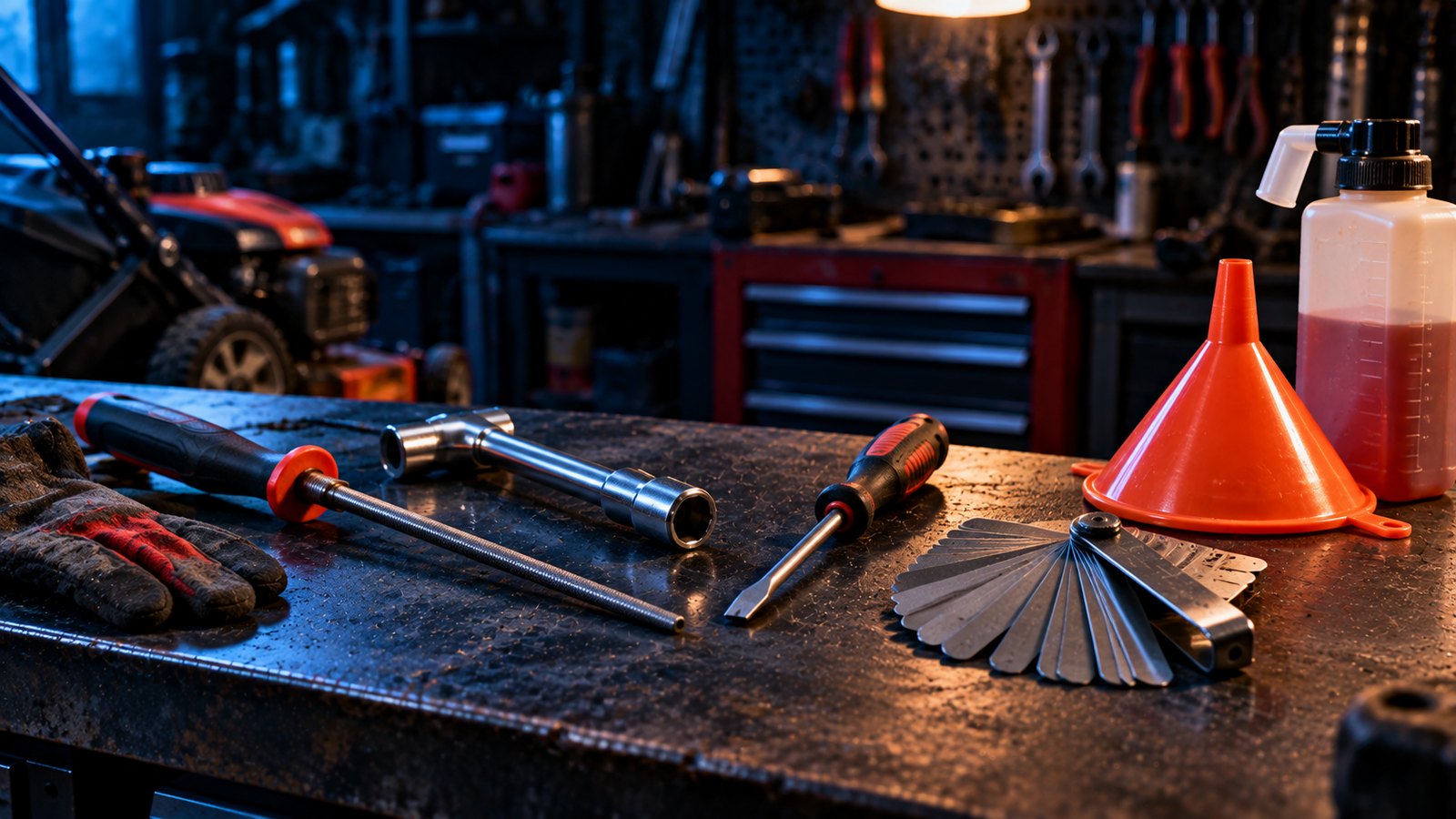 Spark plug wrench, feeler gauges, funnel and fuel mix on a workbench