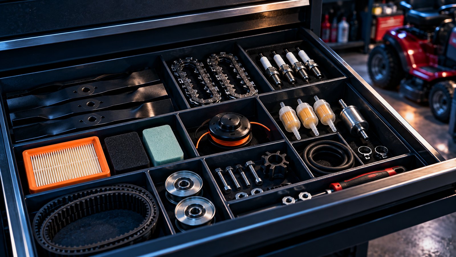 A workshop drawer with blades, chains, filters and belts sorted in trays
