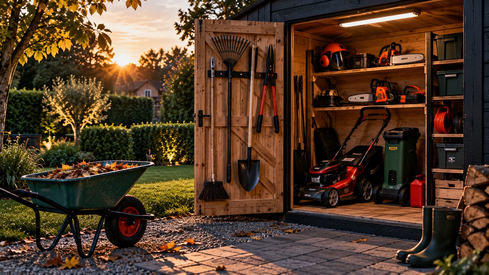 An open garden shed at sunrise with a mower, chainsaws, a pressure washer and hand tools inside