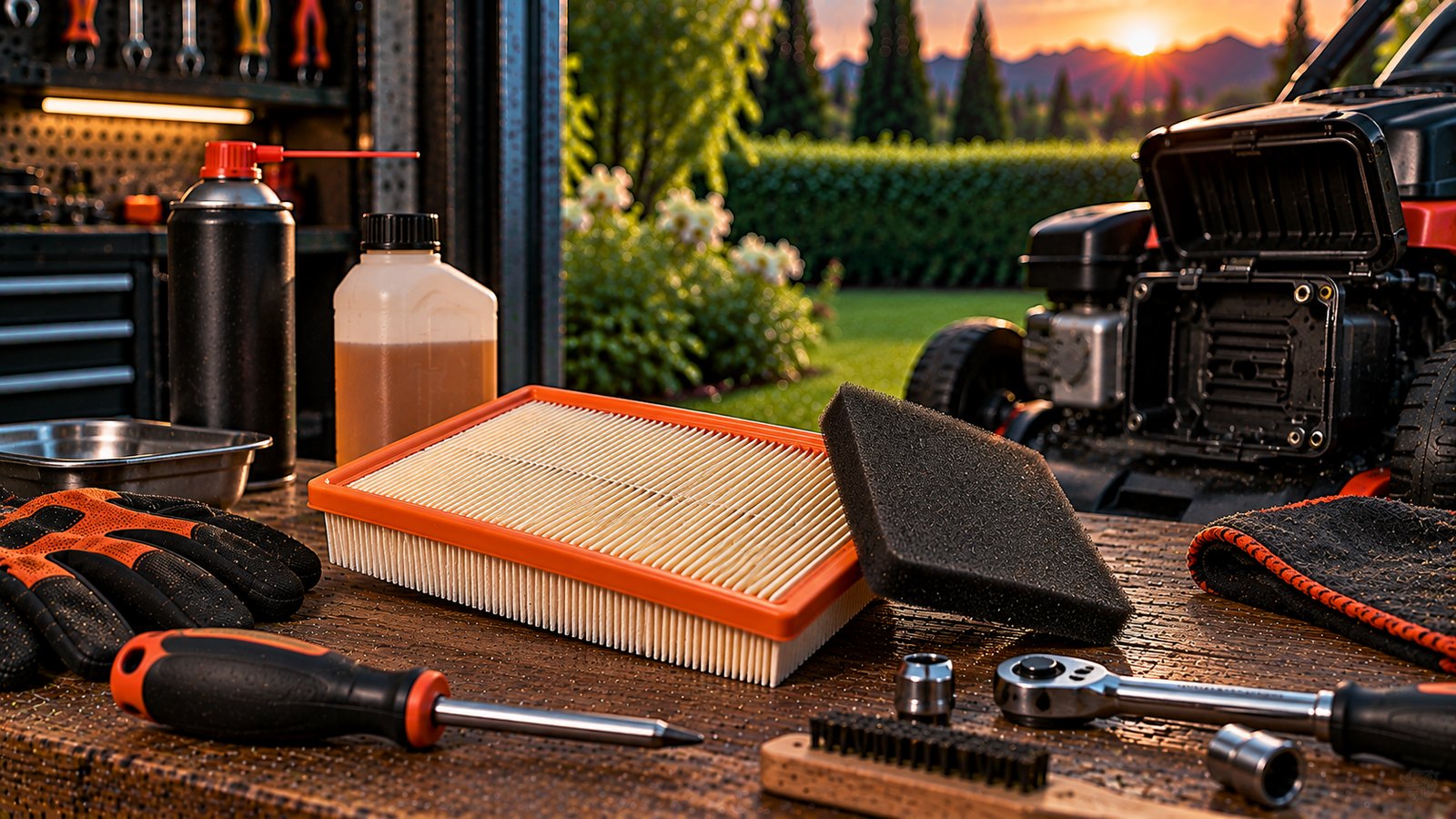 A paper air filter and its foam pre-filter beside a small engine