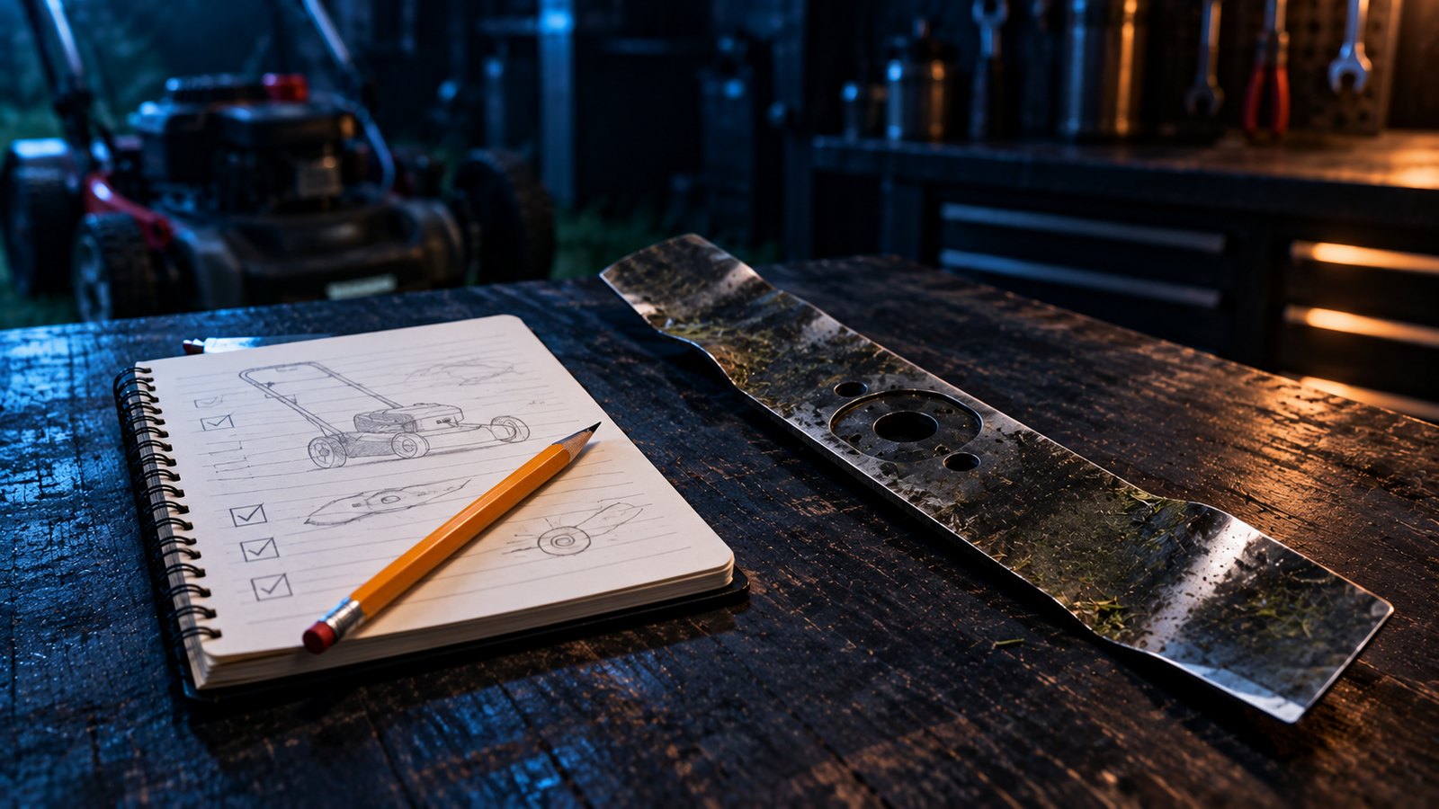 A notebook with a hand sketch of a mower and a checklist, beside a blade