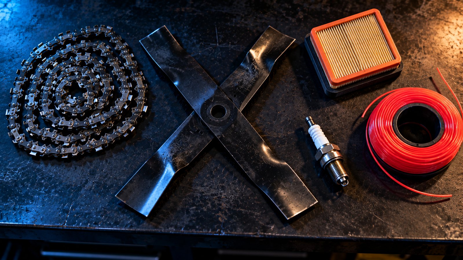 A saw chain, two mower blades, a spark plug, an air filter and a spool of trimmer line laid out on a dark bench