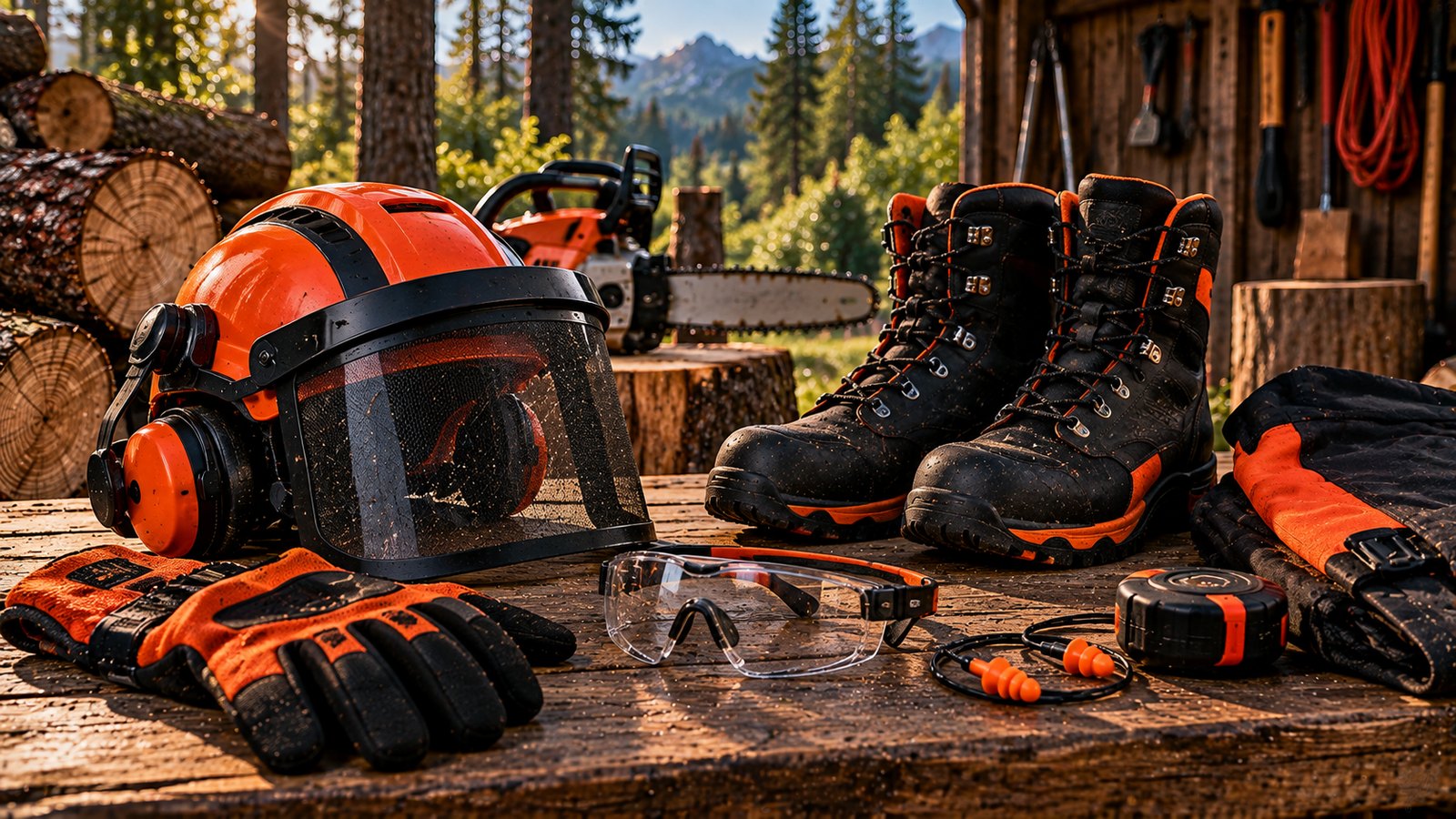Helmet with visor and ear defenders, boots, gloves and safety glasses