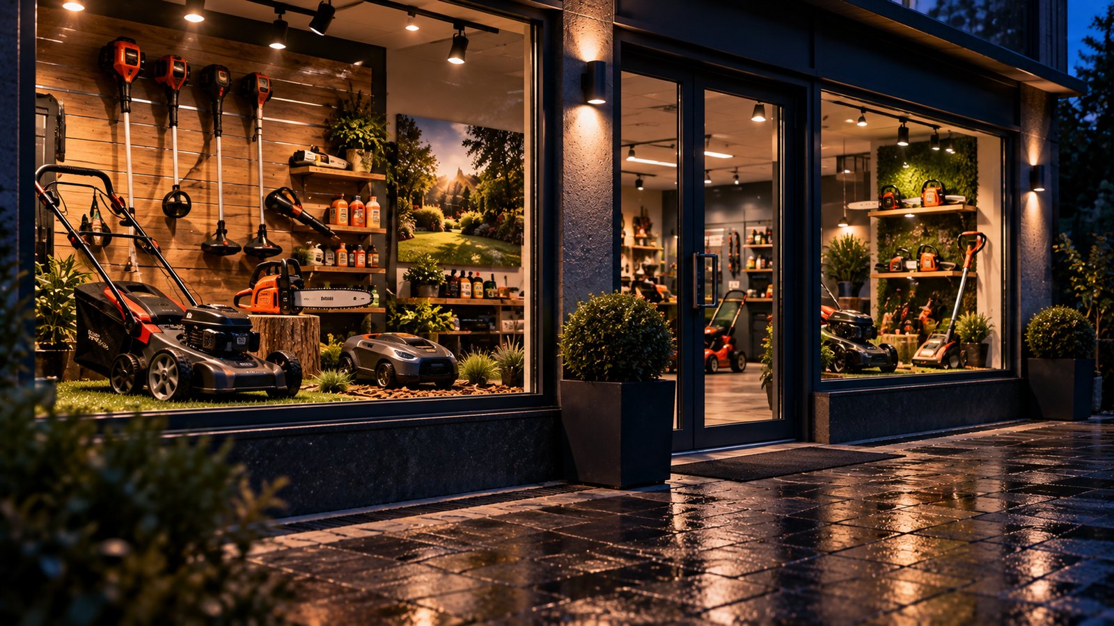 A lit garden machinery shop window at dusk, with mowers and trimmers inside