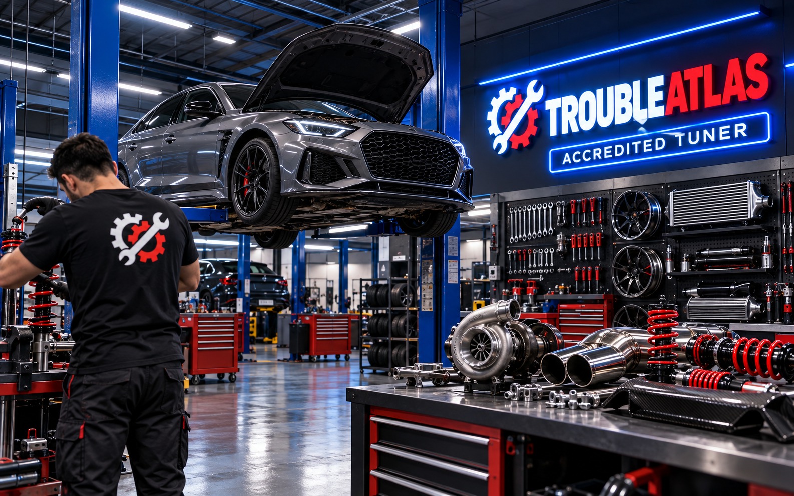 A mechanic replacing a brake disc on a car on the lift, in a workshop with the TroubleAtlas sign