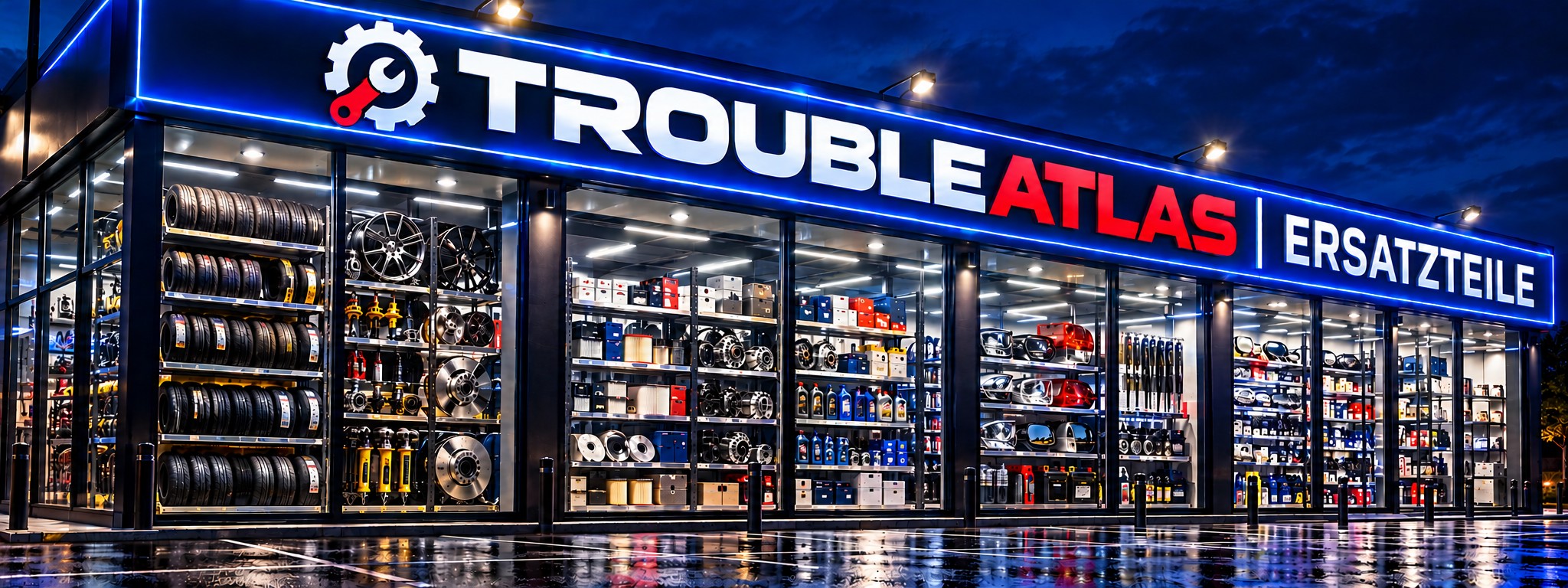 The TroubleAtlas spare parts department: the lit sign above shelves of brake discs, filters and headlights