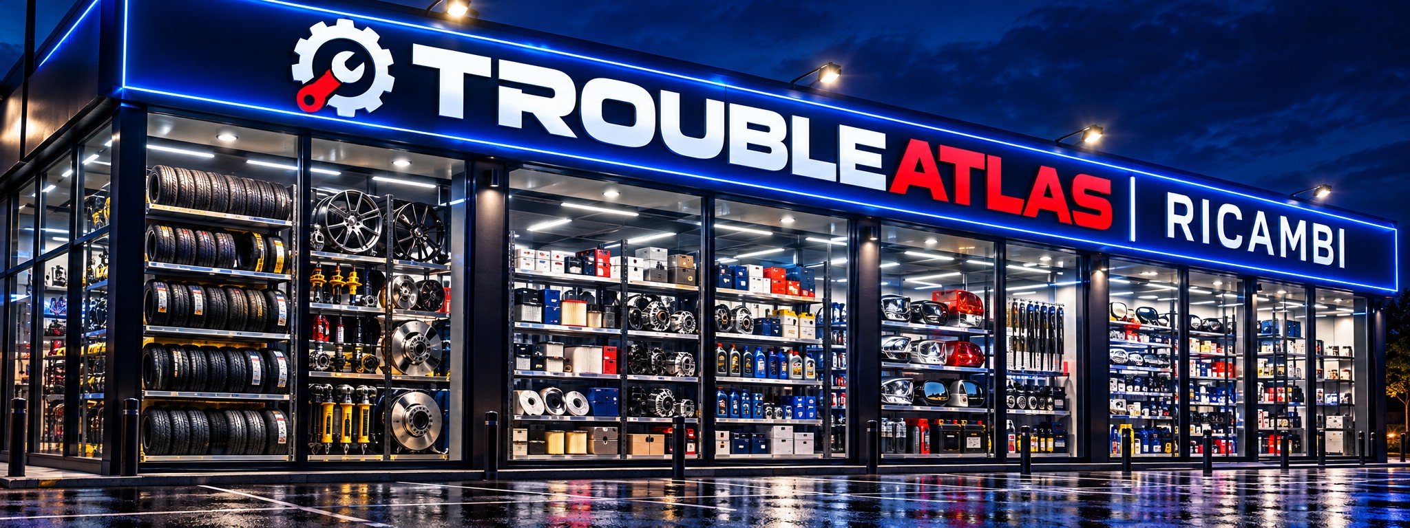 The TroubleAtlas spare parts department: the lit sign above shelves of brake discs, filters and headlights